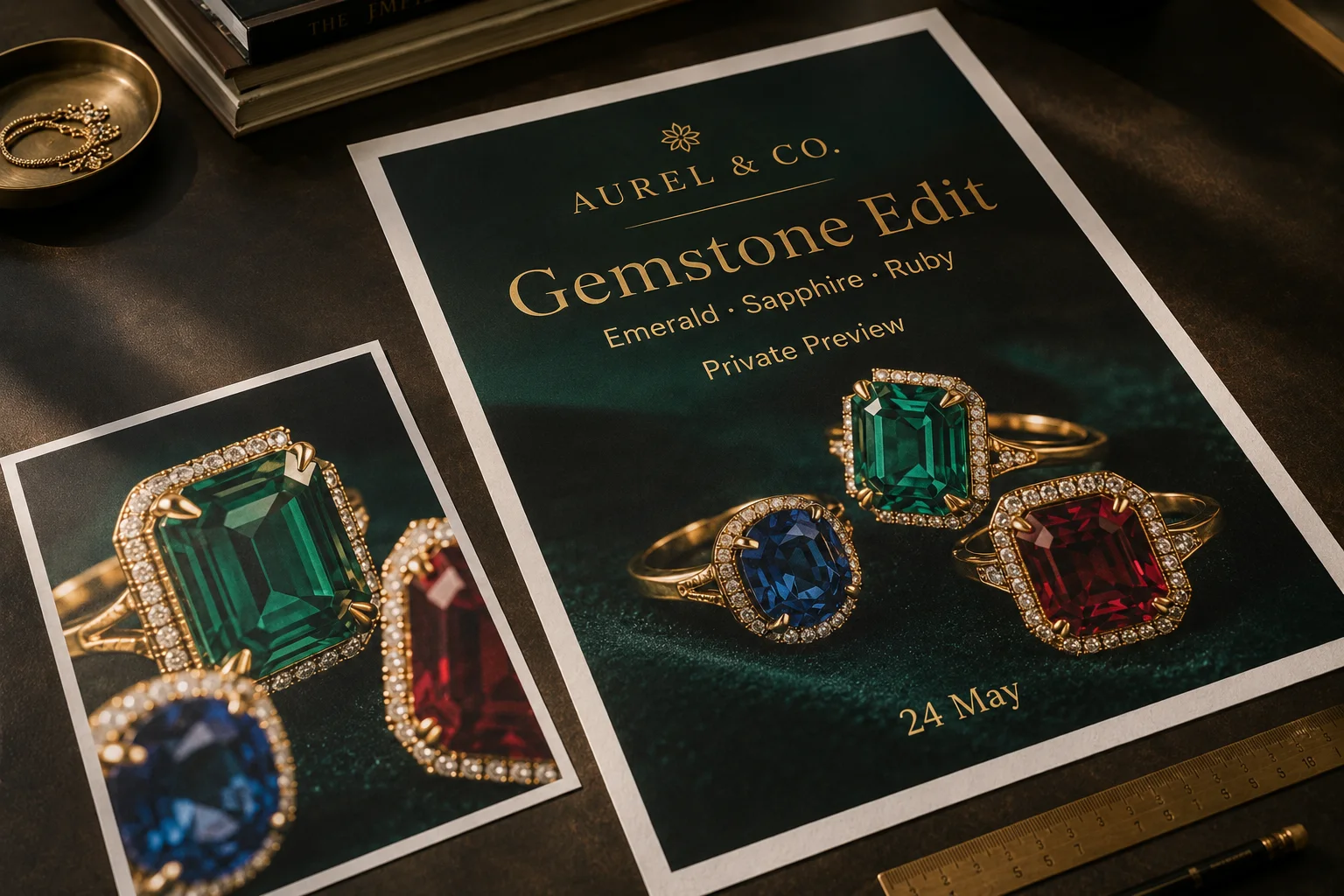 Luxury jewelry brand poster proof with emerald, sapphire, ruby, deep black, and gold color direction printed on real paper.