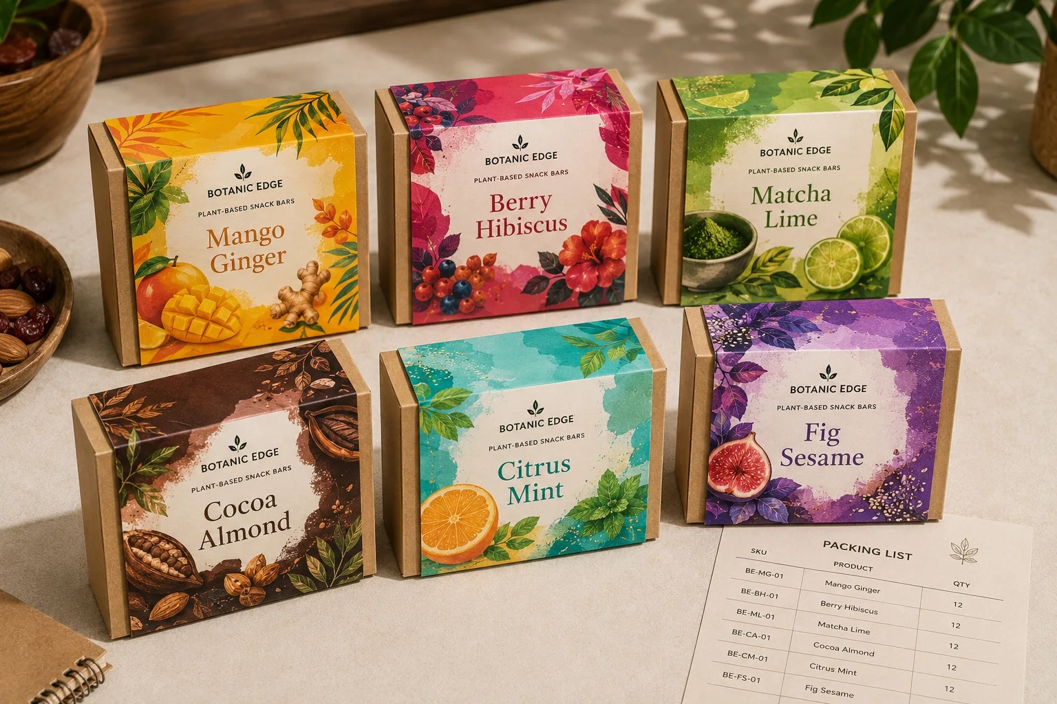 Multi-SKU custom printed packaging sleeve set with different vivid color versions for one brand system, showing real paper sleeves around product boxes.