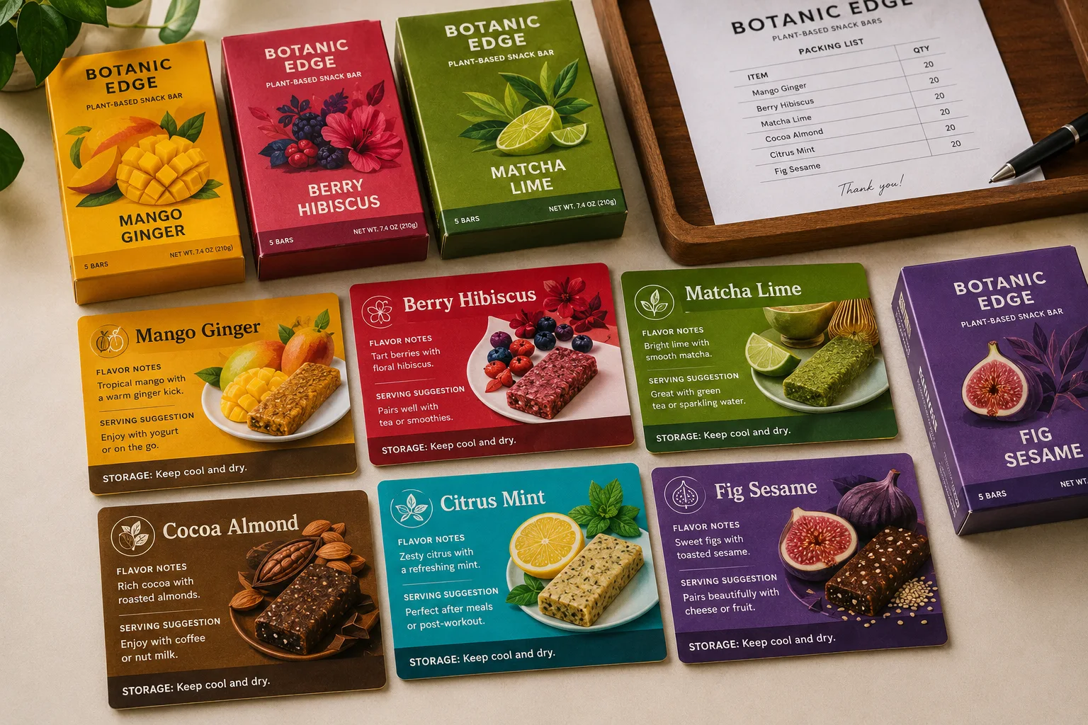 Multi-SKU printed product information cards for different flavor or product versions, showing rich color variations and consistent brand card design.