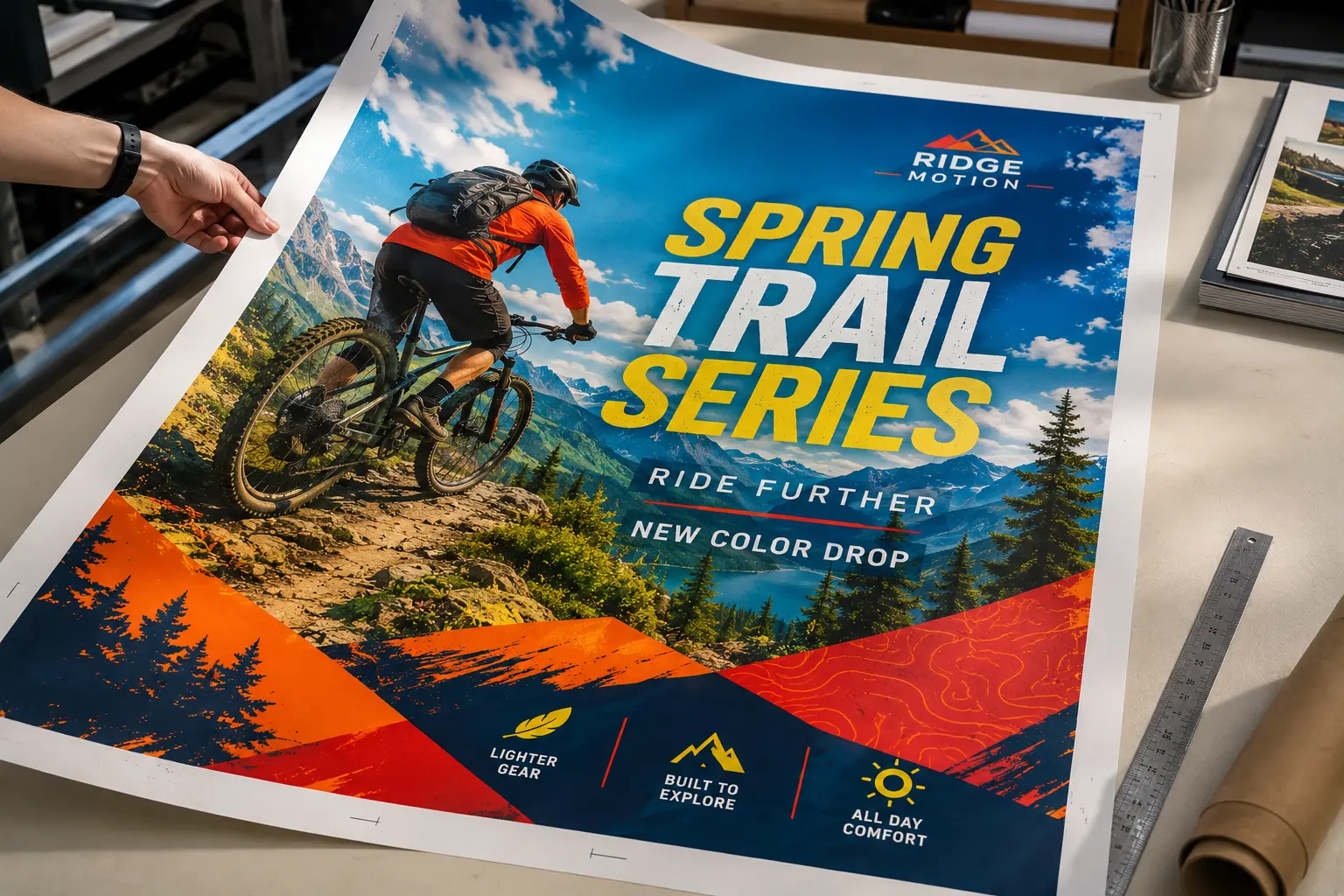Large printed outdoor lifestyle brand poster on a review table with vivid sky blue, green, yellow, orange, red, and navy colors.