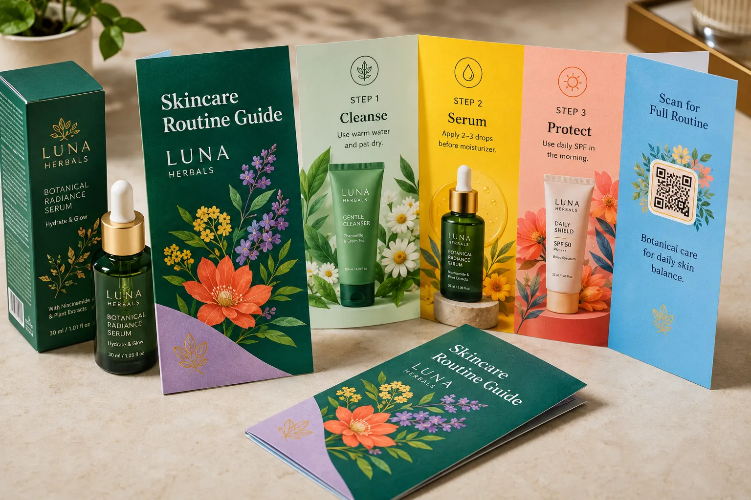 High-color printed outdoor lifestyle product guide leaflet with folded panels, product tips, route-style graphics, vivid sky blue, lime, orange, coral, and navy artwork, and real paper edges.