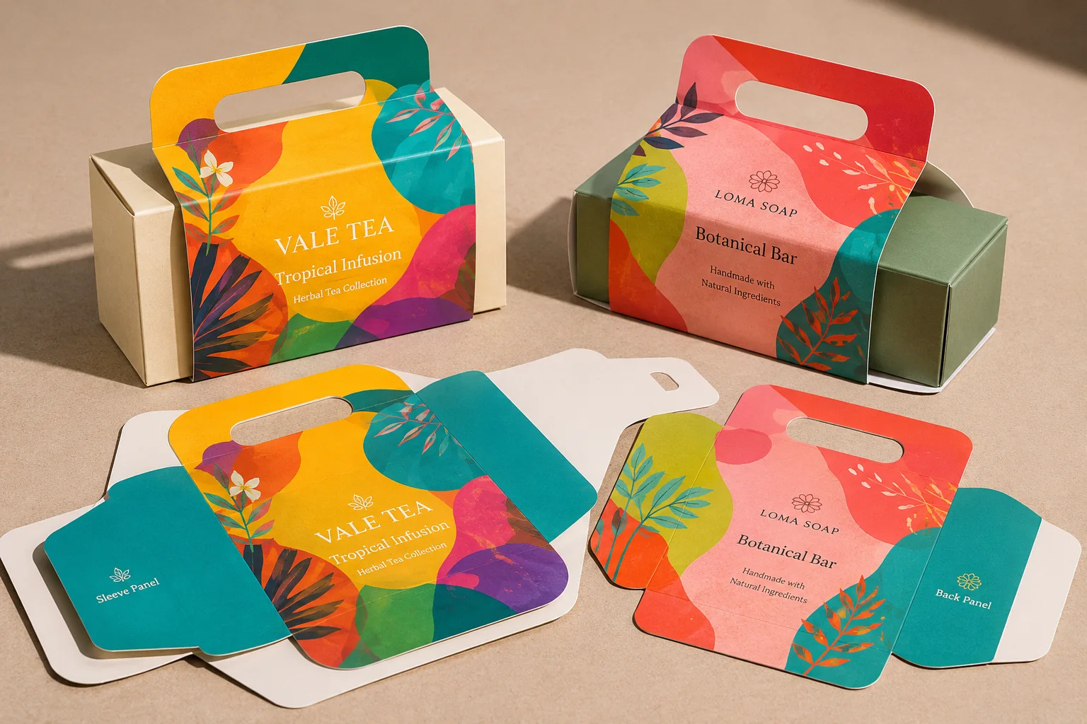 Close-up of custom printed paper sleeve structure with fold lines, side opening, paper thickness, wrapped box, and flat folded sleeve sample.