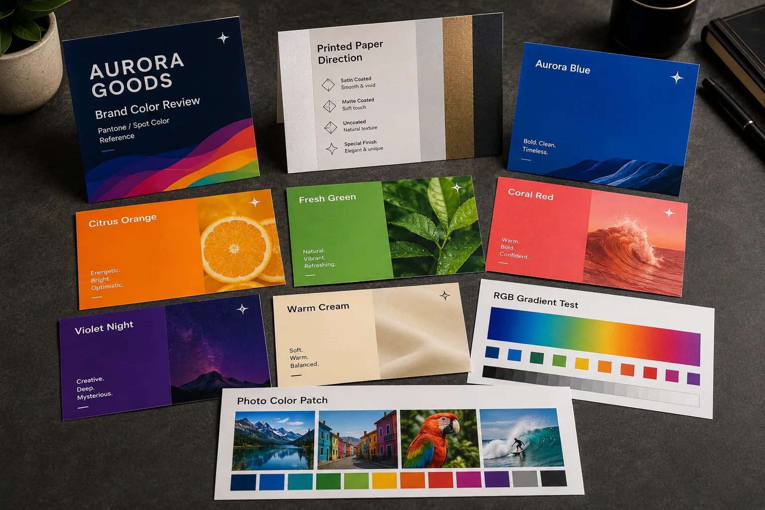 Printed RGB and spot color reference sample cards for a fictional brand, showing brand color review cards, printed paper direction, vivid color patches, gradient tests, photo color patches, and real paper sample thickness.