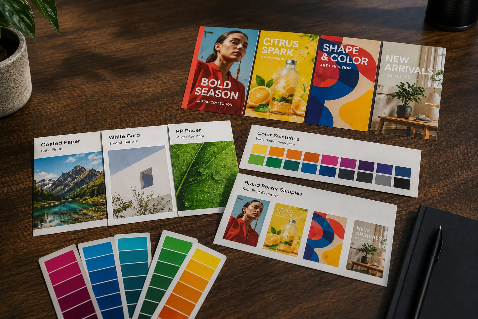 RGB wide gamut print sample book with poster color reference cards, coated paper, white card, PP paper, and vivid printed swatches.