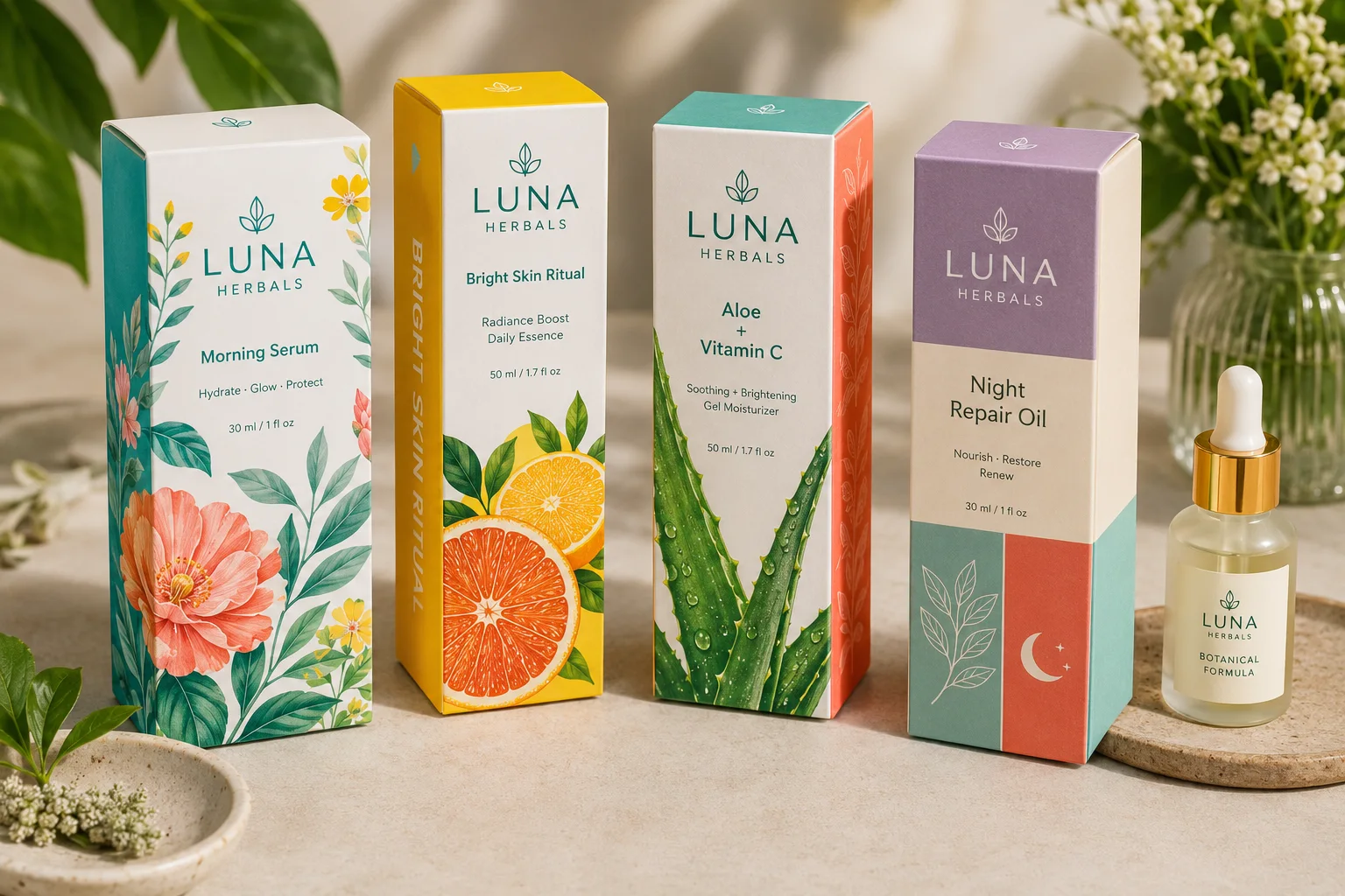 High-color printed paper sleeves for skincare product boxes with fresh green, peach, cyan, yellow, and coral artwork on real folded paper.