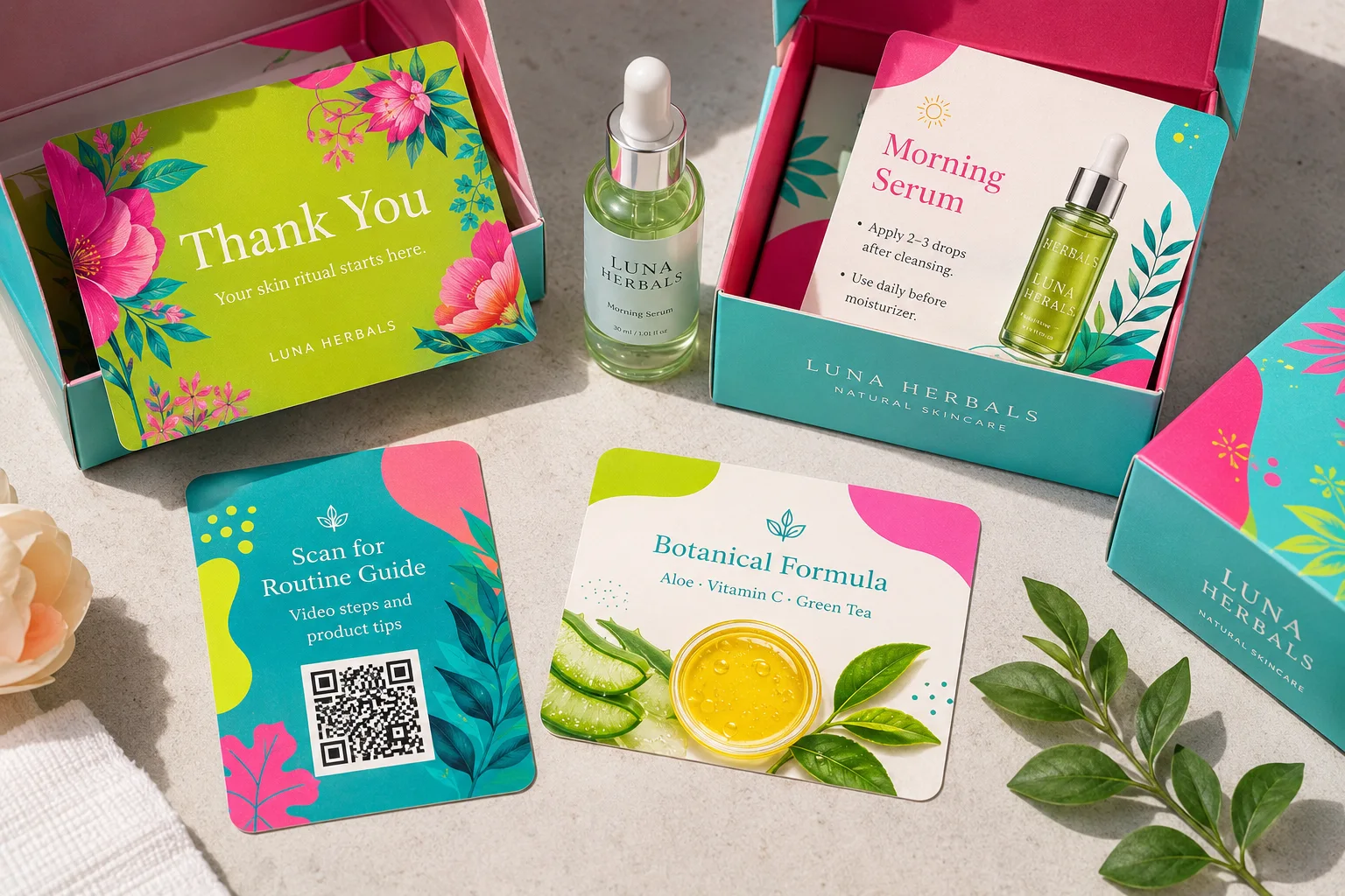 High-color printed skincare thank-you cards, usage instruction cards, QR routine guide cards, and ingredient highlight cards placed inside and beside product packaging.