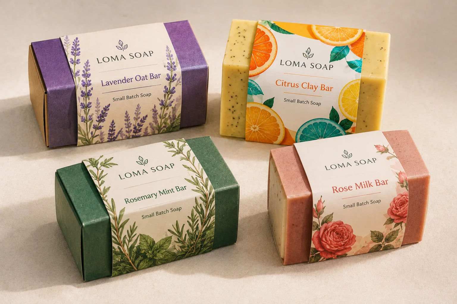 Printed paper belly bands wrapped around handmade soap packaging, showing overlap seams, paper edges, fold creases, and colorful botanical artwork.