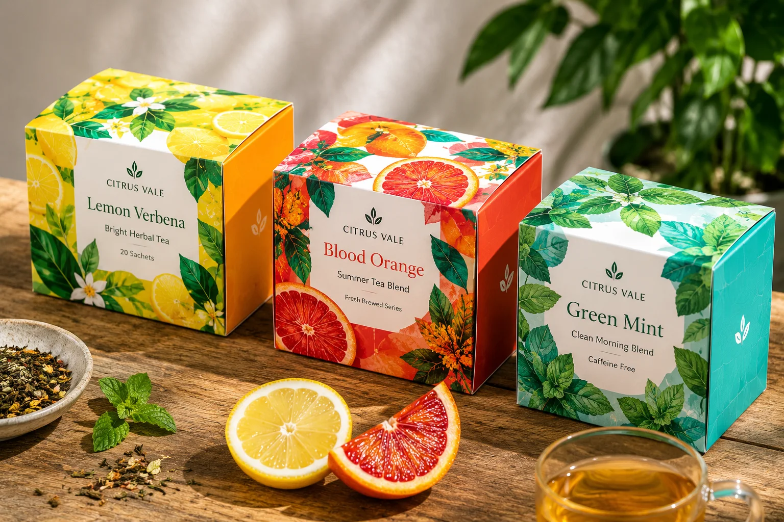 Custom printed paper sleeves around tea and beverage boxes with vivid yellow, orange, green, and turquoise artwork, showing real sleeve edges and fold lines.