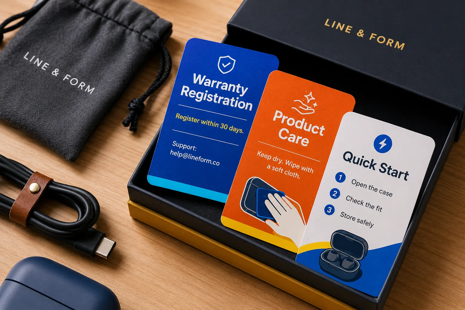 Printed warranty registration cards, quick start cards, and product care cards placed inside premium accessory packaging with vivid blue, orange, cream, and red artwork.
