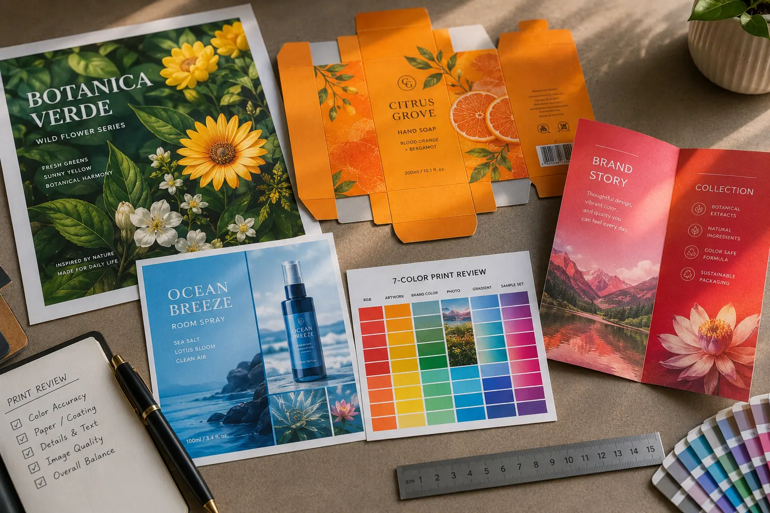 Colorful paper print examples including posters, packaging sleeves, cards, and folded leaflets.