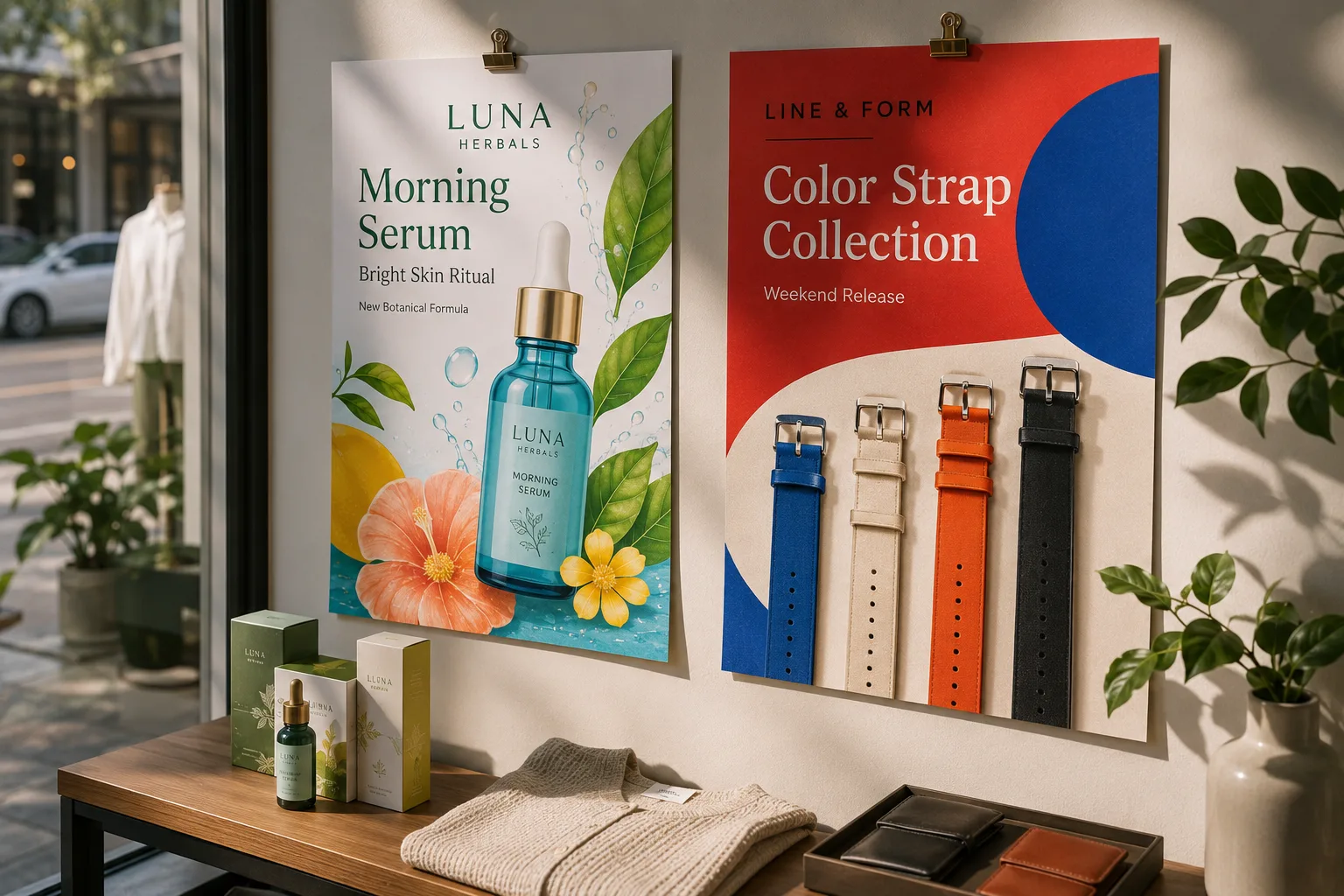 High-color printed posters installed in a boutique window or retail wall display with real paper edge shadows and vivid brand artwork.