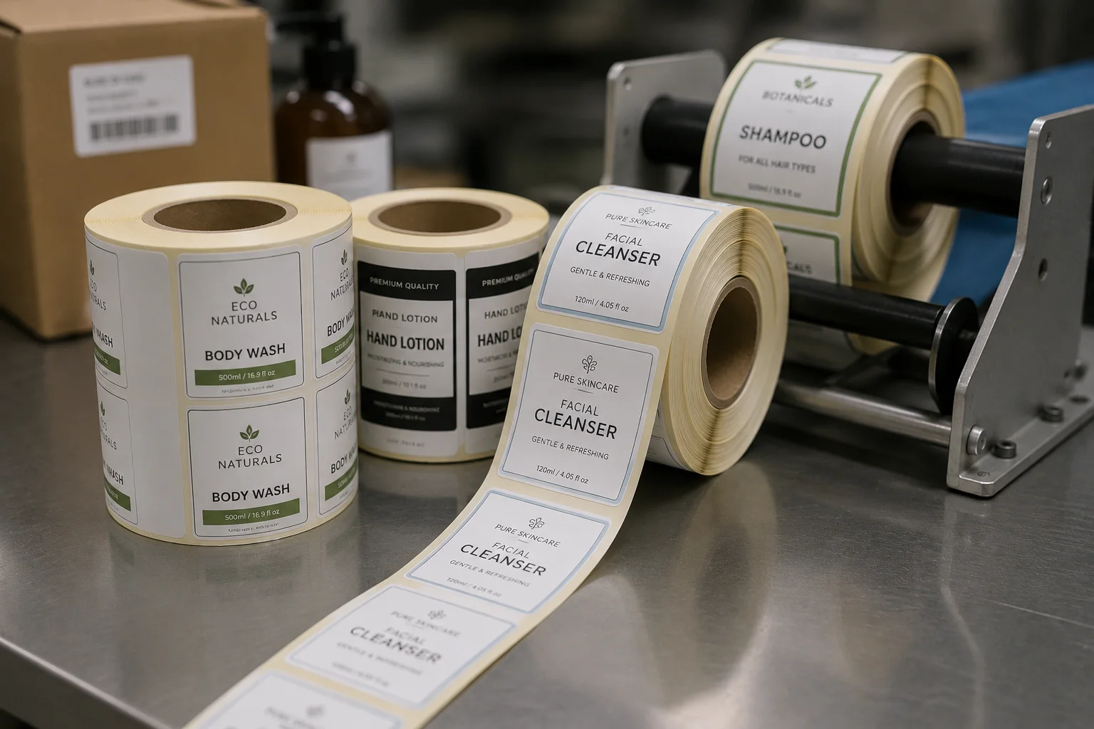 Custom roll labels partially unwound on a production table with repeated labels on backing liner