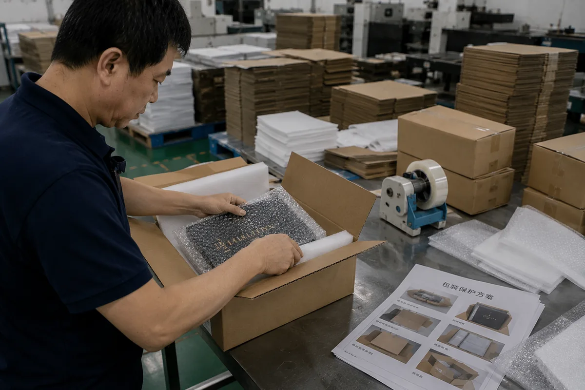 Shipment protection packing area with cardboard box and protective packaging materials