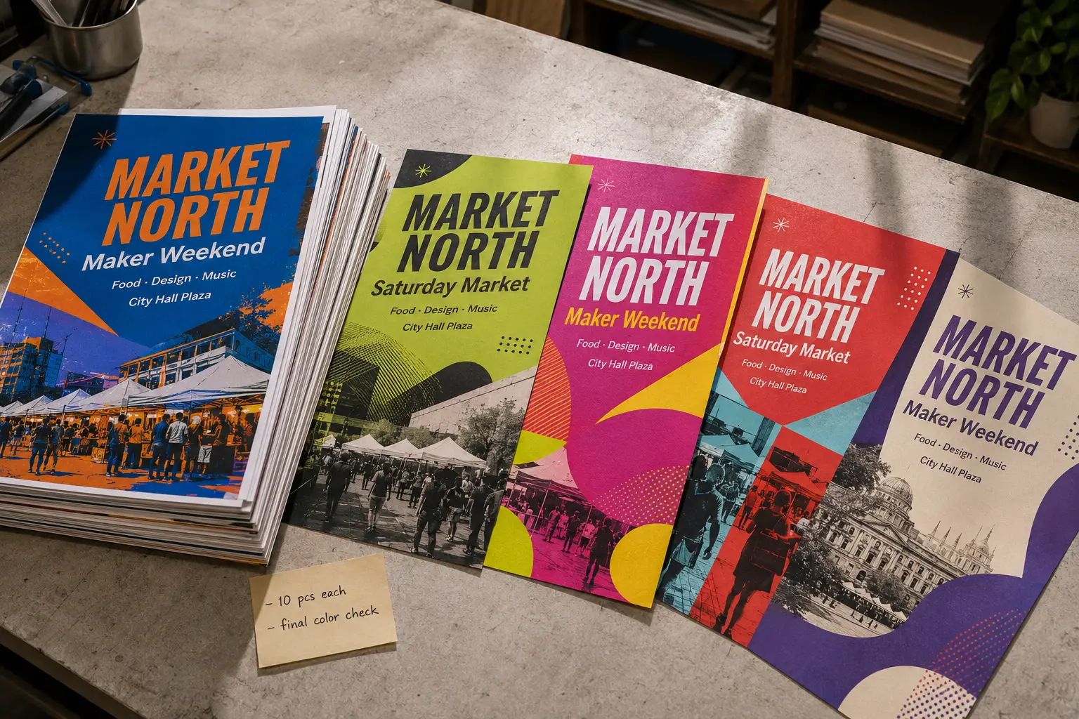 Short-run set of printed campaign posters stacked and fanned out on a review desk, showing different color versions and real paper edges.