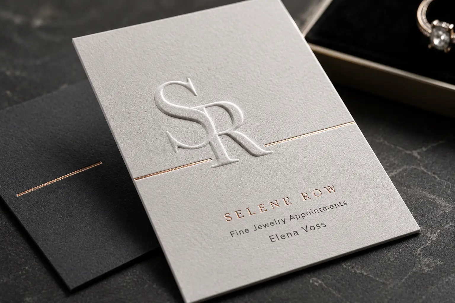 Black and white business cards with a raised embossed monogram and restrained metallic line detail.