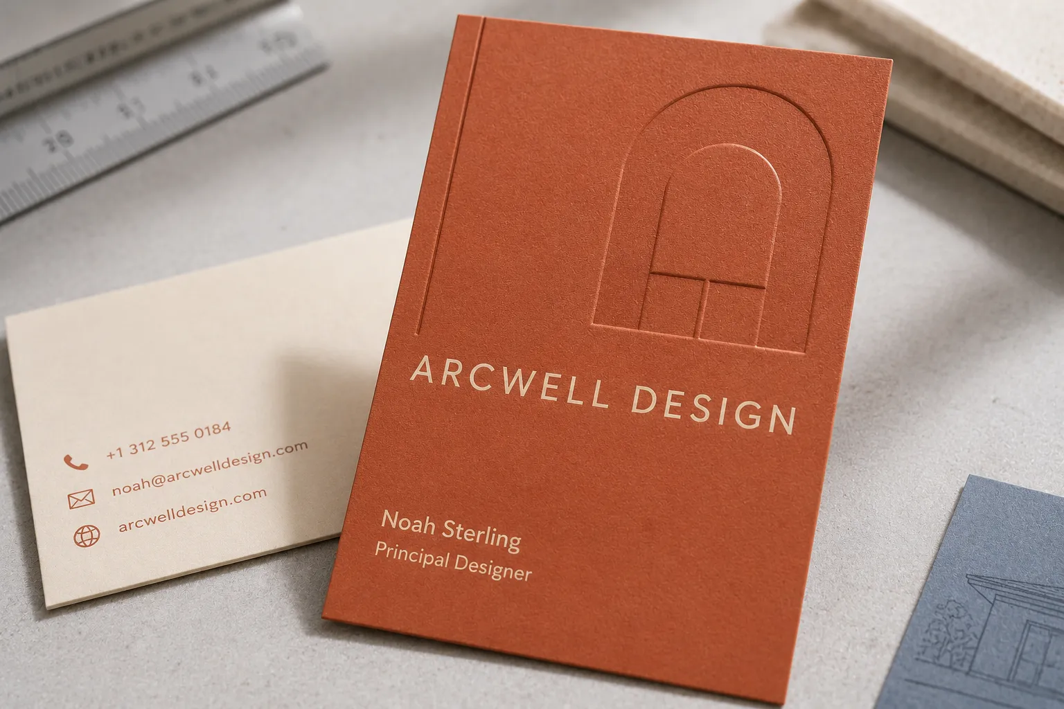 Soft touch matte business card with a subtle blind deboss logo and refined brand typography.