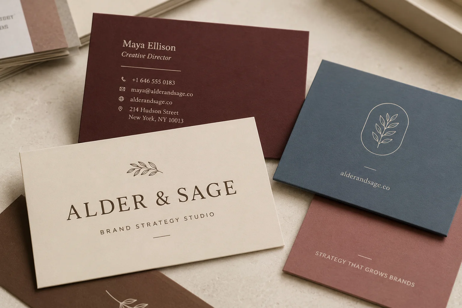 Set of soft touch business card samples in different matte color directions for premium card review.