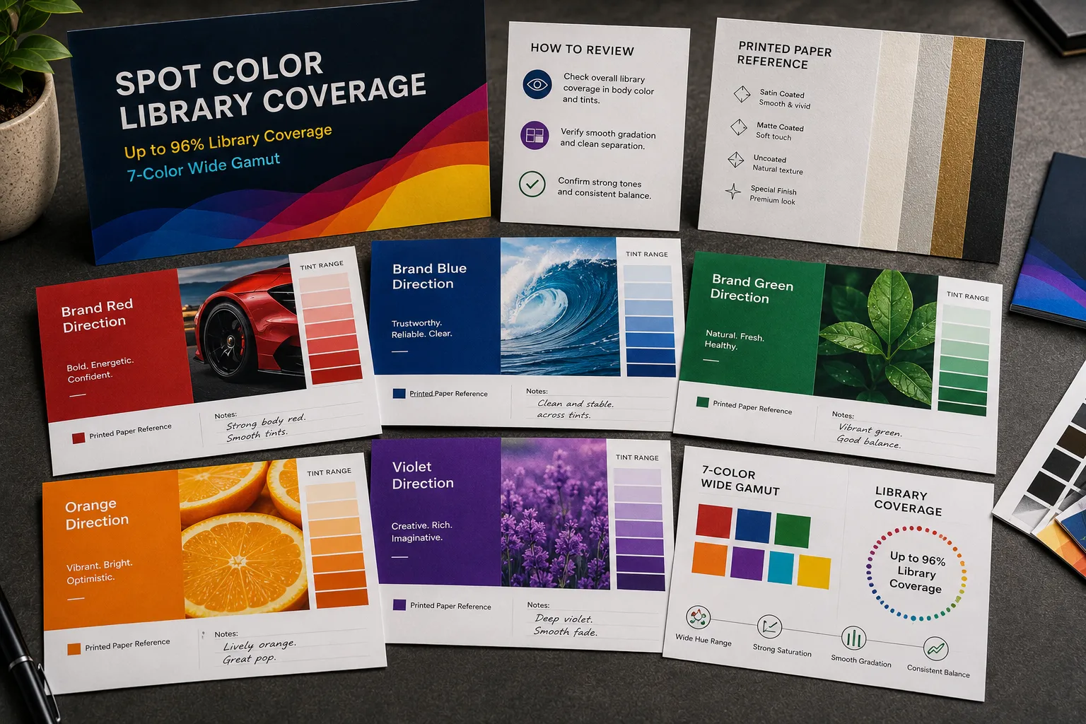 Printed spot color library coverage review cards on paper, showing up to 96 percent library coverage wording, 7-color wide gamut sample patches, brand color directions, tint ranges, and vivid paper swatches.