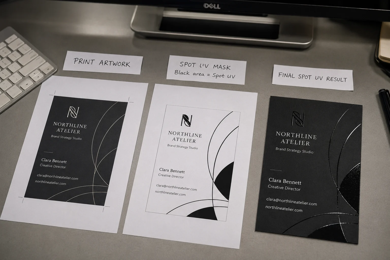 Spot UV business card artwork setup showing print artwork, UV mask, and final glossy result