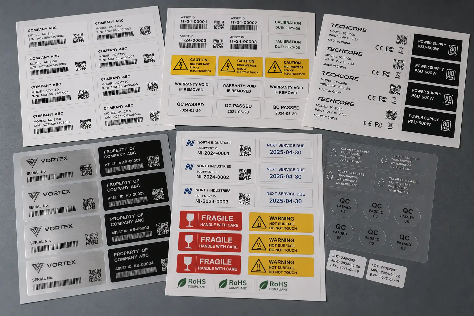Technical label sheets with warning labels serial labels barcode labels and specification label samples
