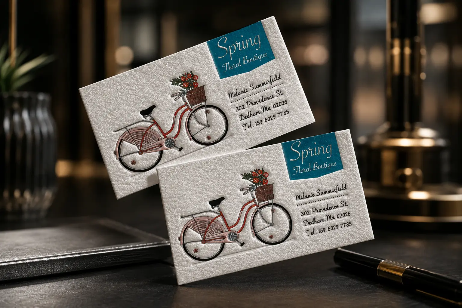 Textured cotton paper floral boutique business cards with bicycle artwork and natural uncoated fiber texture.