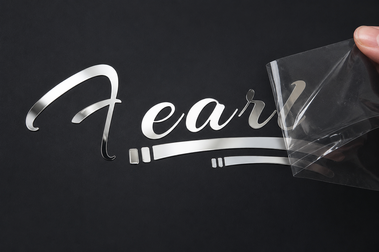 Electroformed nickel logo sticker on a dark surface