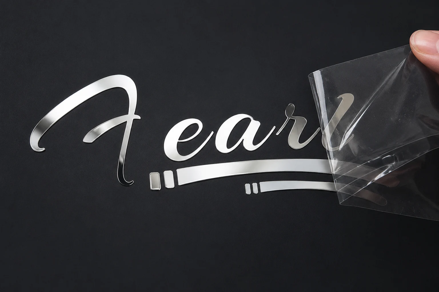 Thin metal transfer decal on a black surface with clear carrier film
