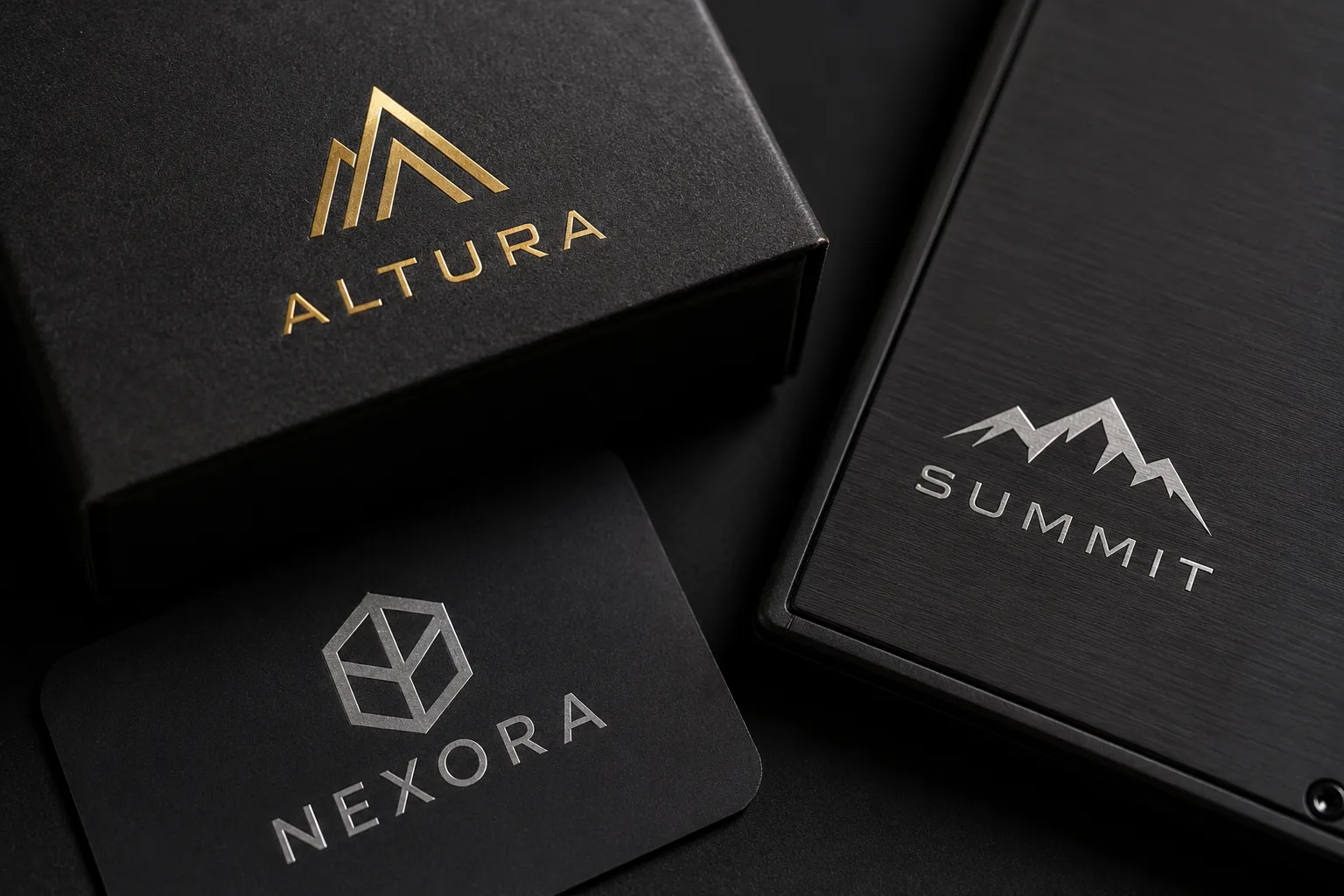 Thin metallic transfer logos applied to premium black cards without visible sticker background