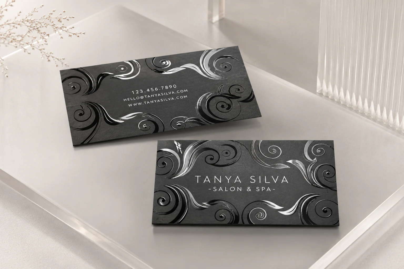 Luxury matte business cards with tone-on-tone clear spot UV background pattern