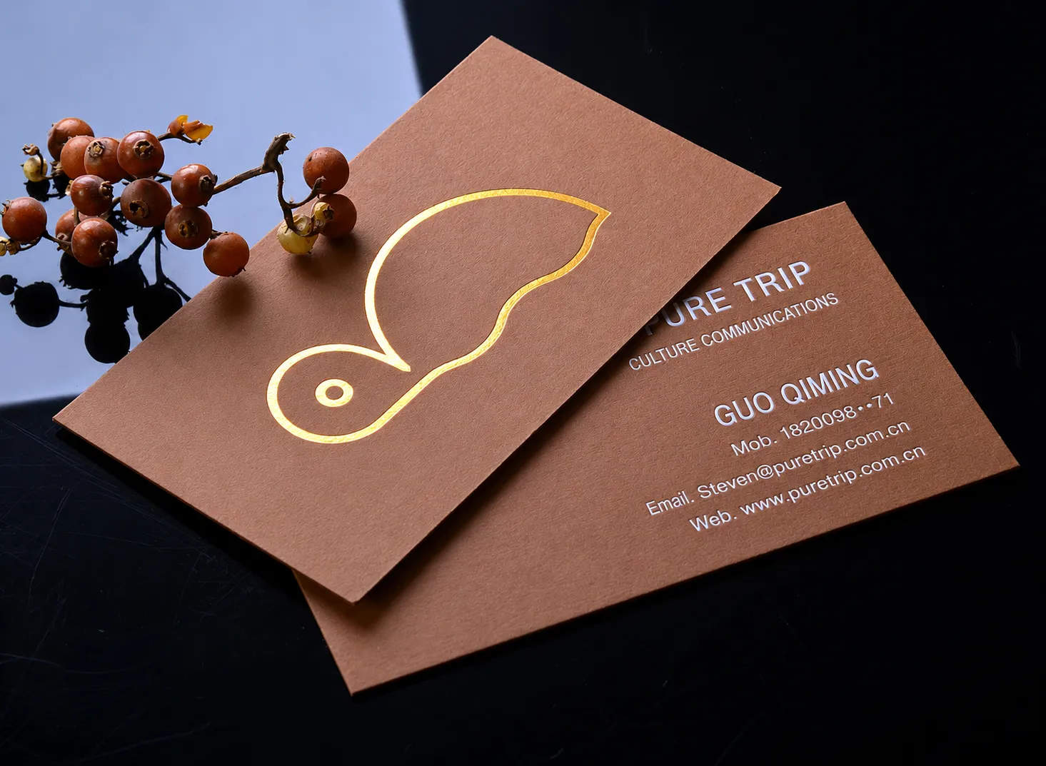 Warm brown eco paper business card with foil icon detail