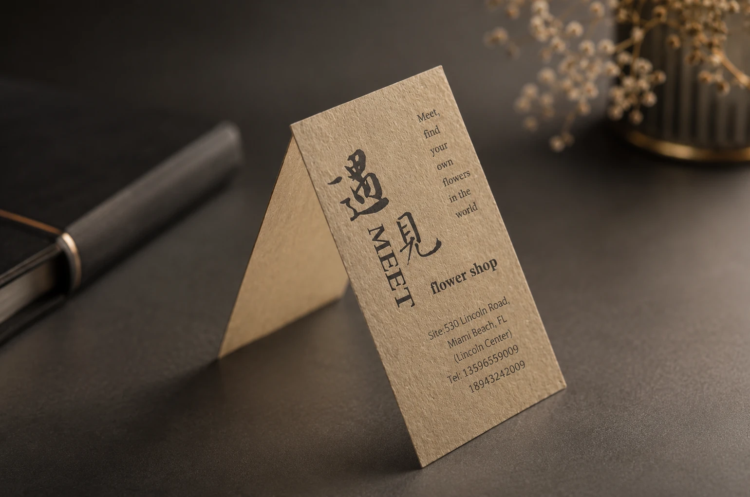 Warm earth tone FSC-certified recycled paper business card displayed upright with natural paper surface