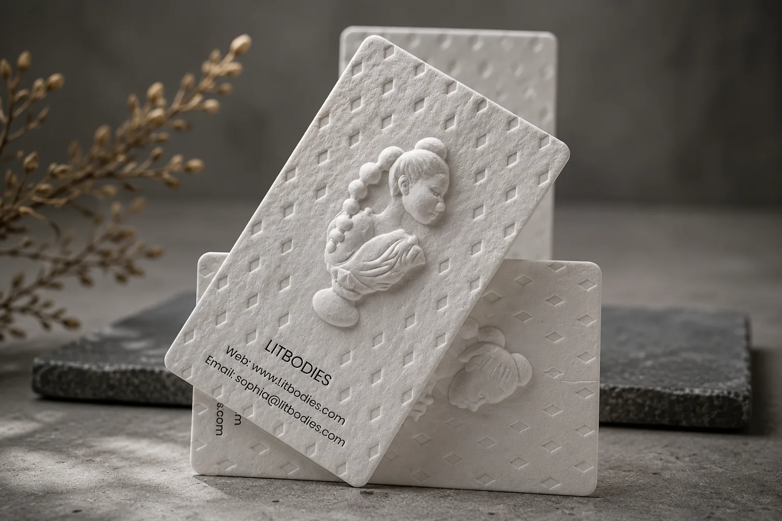White cotton business card with a raised sculpted emboss portrait-style detail and tactile paper surface.