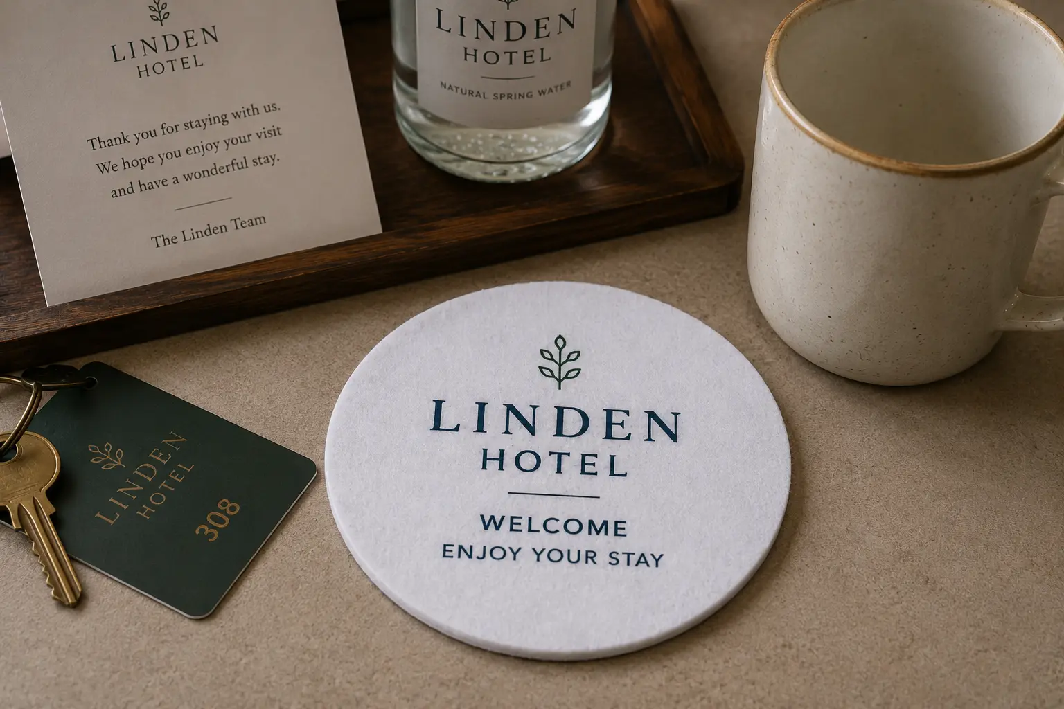 Flat white 3mm polyester felt coaster with printed hotel welcome artwork on a boutique hotel tray.