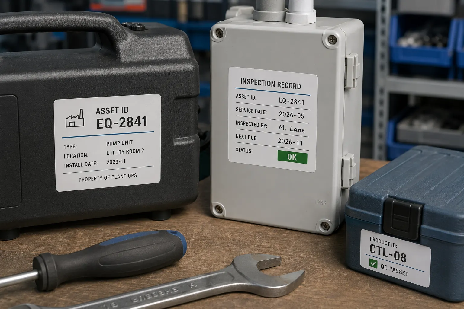 White PP synthetic asset ID and inspection labels applied to plastic equipment housings, utility panels, and tool cases with thin film label edges