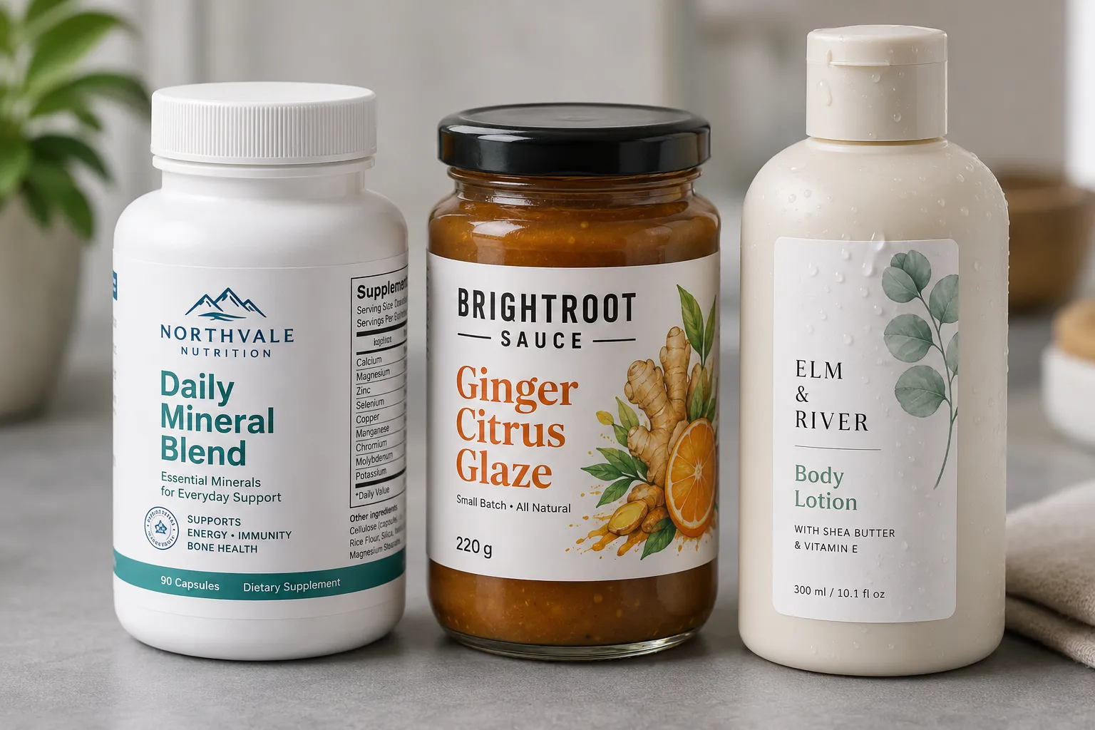 White PP and BOPP synthetic product labels applied to supplement bottles, sauce jars, and skincare packaging with clean printed custom designs
