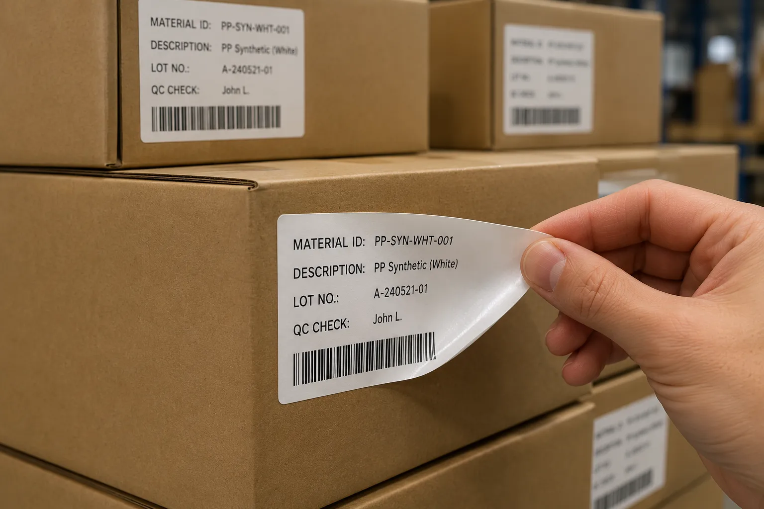 White PP removable carton label being peeled from a kraft carton surface for clean-peel adhesive review