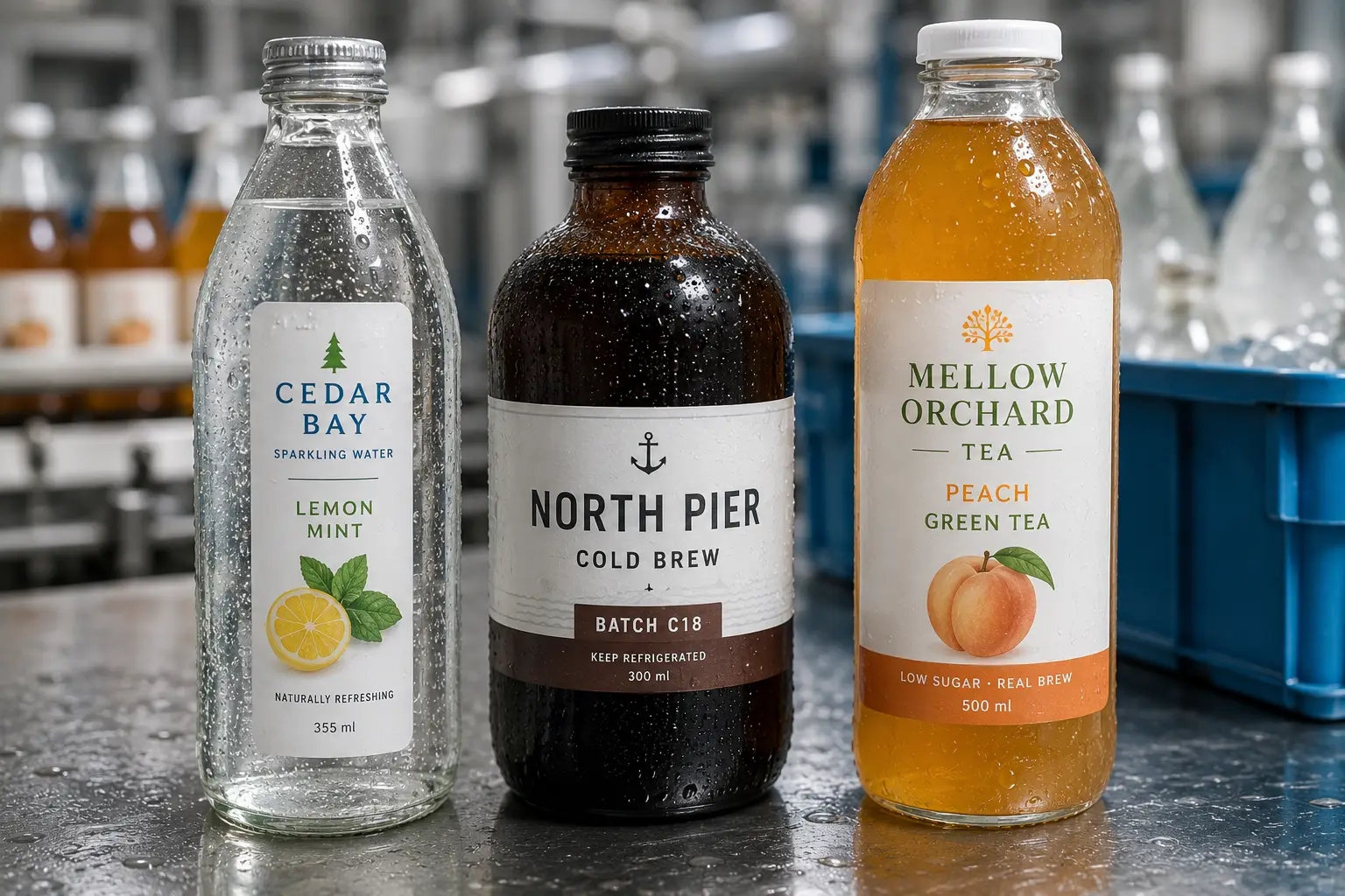 White PP synthetic waterproof labels applied to chilled drink bottles with condensation, showing custom beverage branding and thin film label edges