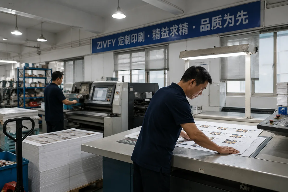 ZIVFY custom printing workshop production table with printed materials and factory equipment