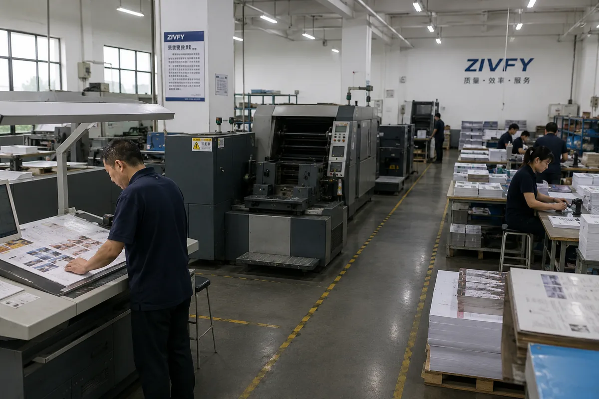 Wide view of ZIVFY custom printing workshop production floor