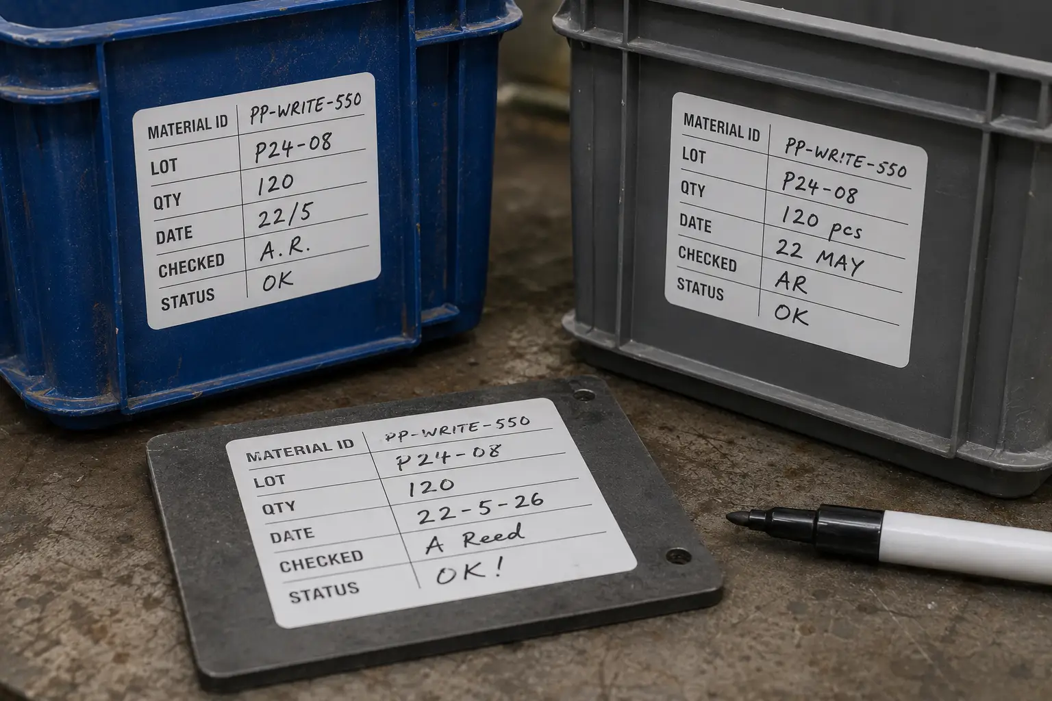 Writable white PP synthetic workshop labels on plastic bins with pre-printed QC fields and handwritten lot, quantity, date, and checked information