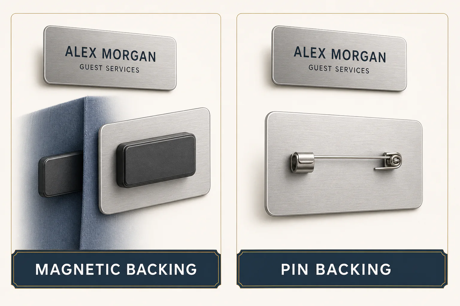 Comparison of magnetic and pin name badge backings