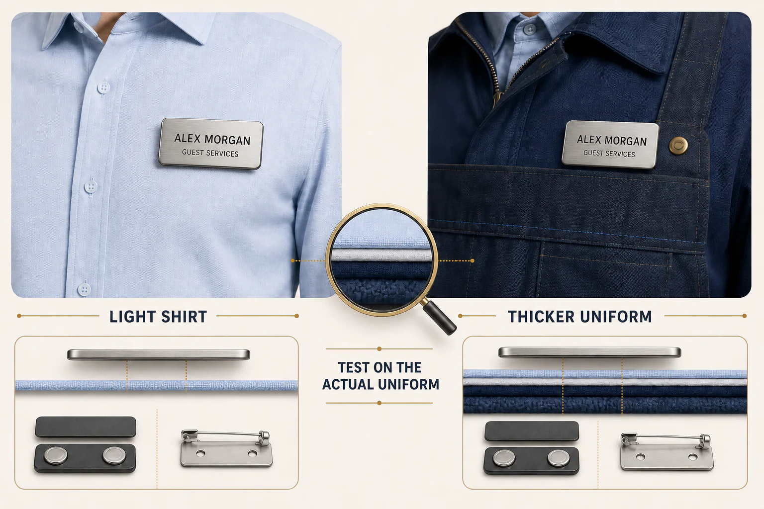 Name badge backing comparison on a light shirt and thicker work uniform