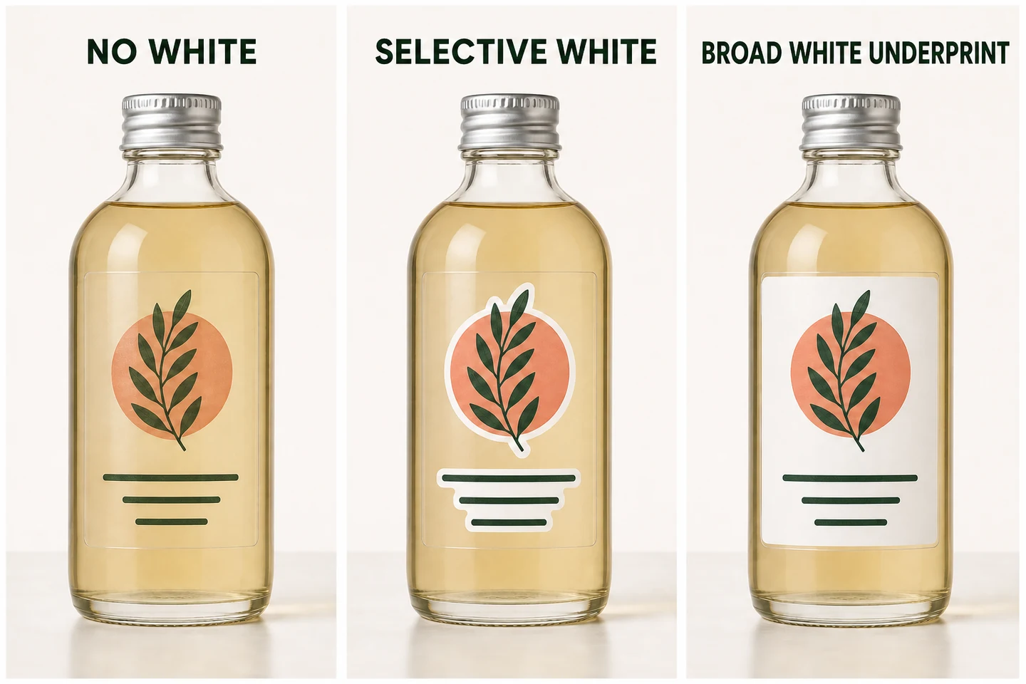 Illustrated comparison of identical bottles using no white ink, selective white ink and broad white underprint on clear labels