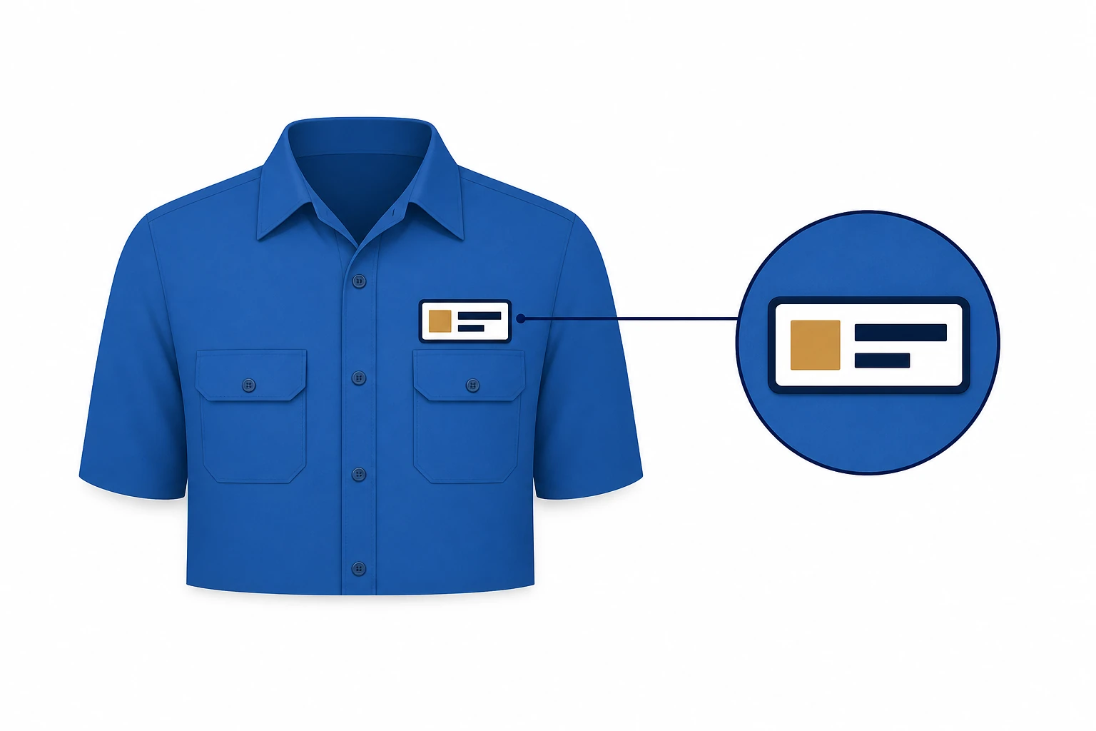 Illustrated blue work shirt with a name badge on the upper chest and a close-up layout callout.