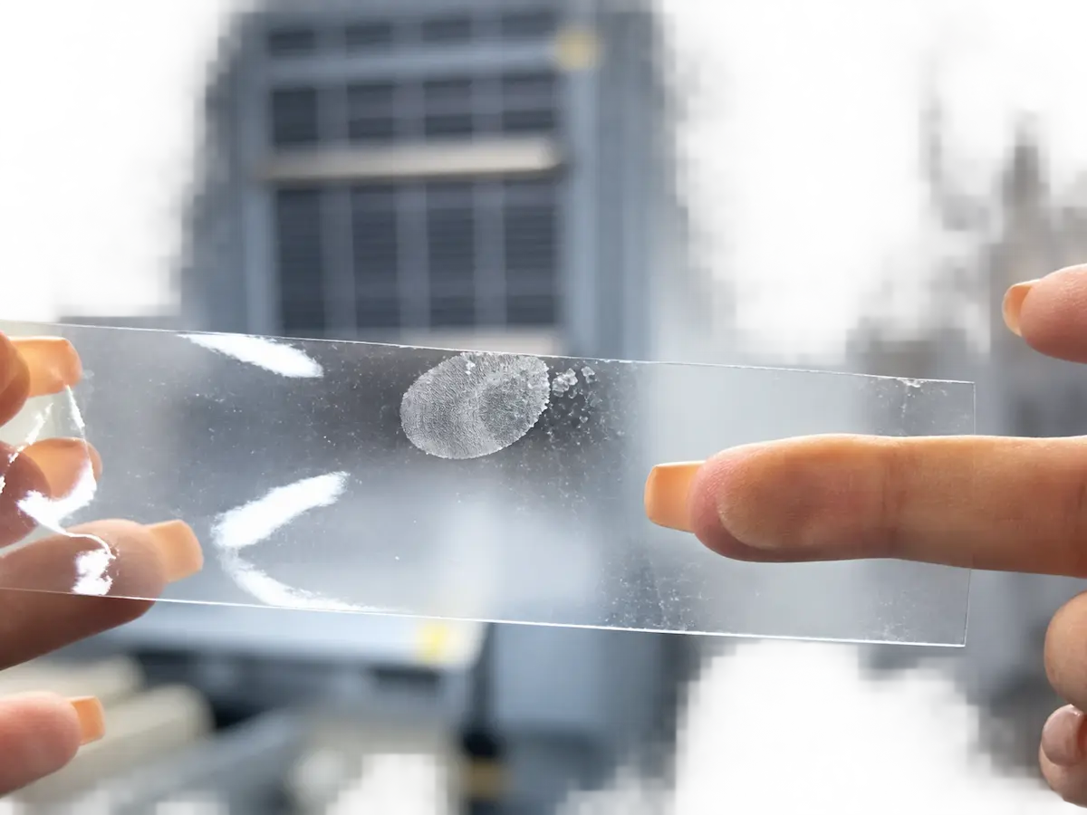 A fingerprint mark on a clear label held between two hands.