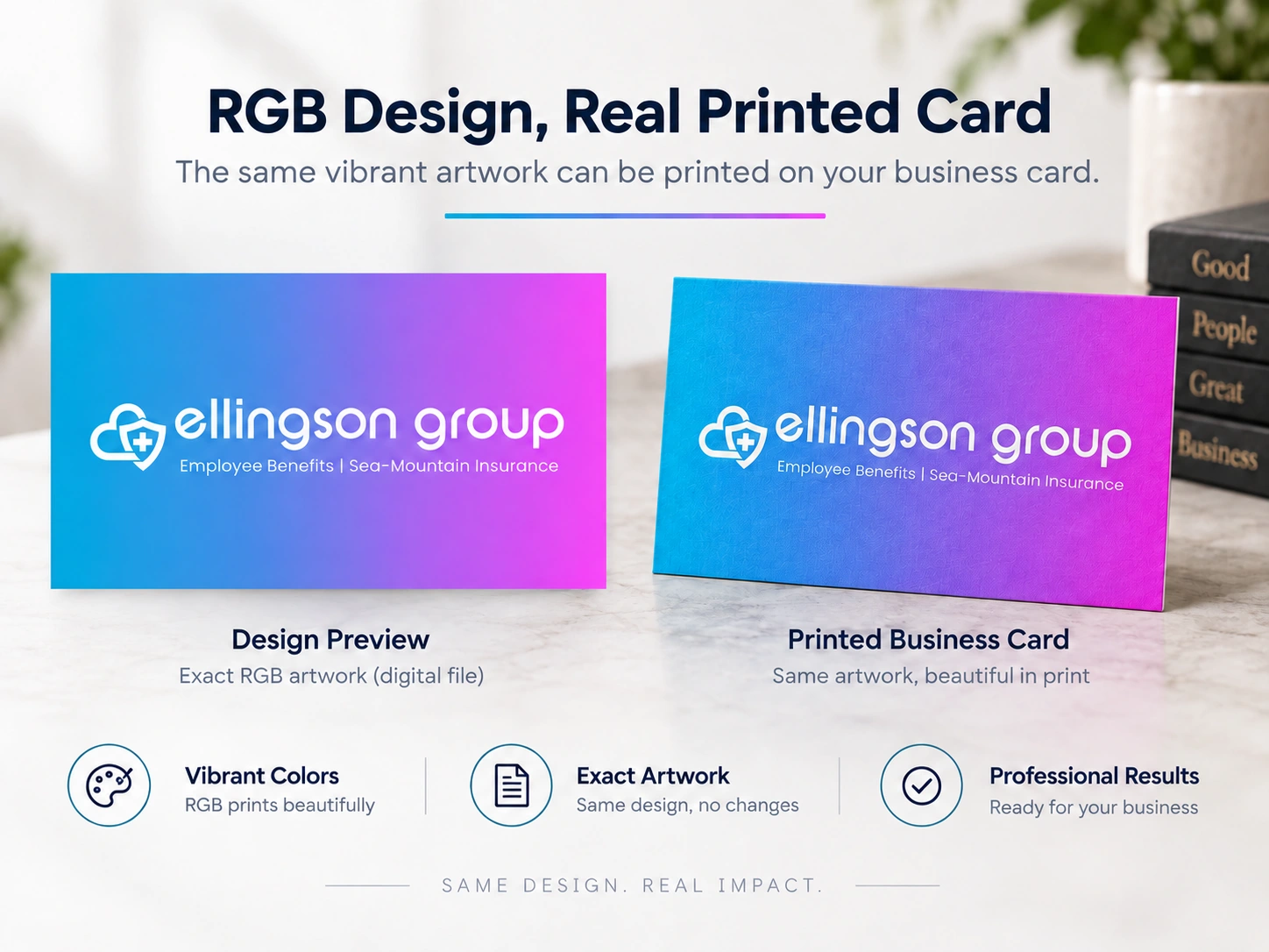 Illustration comparing a blue-to-magenta business card design preview with a matching print concept.